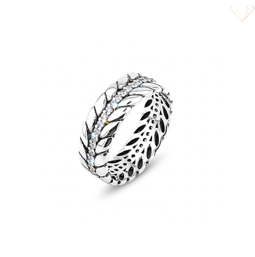 Srebrny pierścionek oksydowany listki z cyrkoniami R19