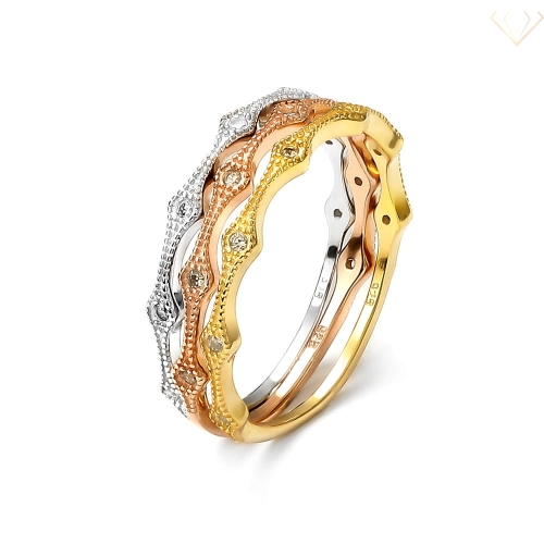 Srebrny pierścionek pozłacany potrójny z cyrkoniami - żółte białe różowe złoto R12