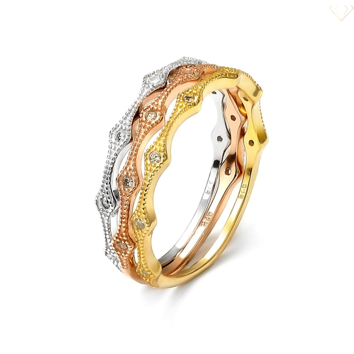 Srebrny pierścionek pozłacany potrójny z cyrkoniami - żółte, białe, różowe złoto