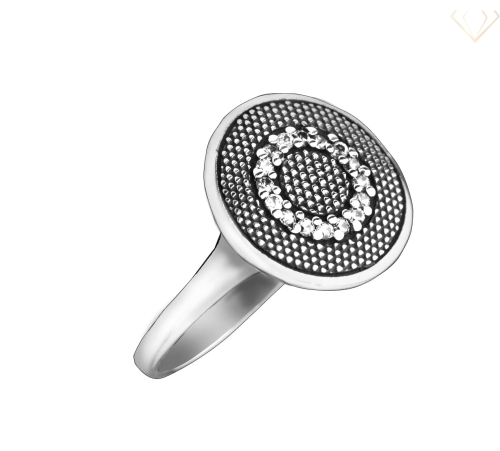 Srebrny pierścionek okrągły z cyrkoniami oksydowany R21