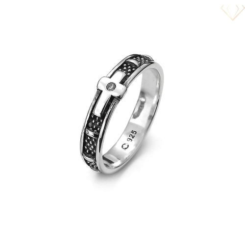 Srebrny pierścionek 925 krzyż różaniec z cyrkonią oksydowany R20