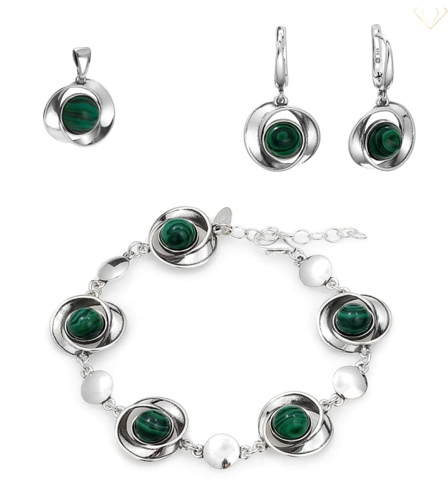 Komplet biżuterii srebrnej kwiaty z zielonymi kamieniami - Malachit srebro pr 925