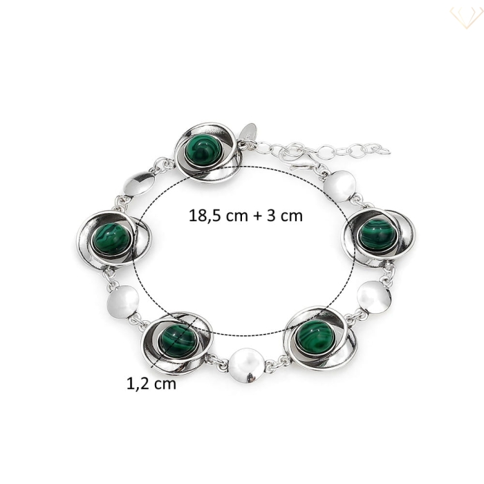 Srebrna bransoletka z motywem kwiatów ozdobiona pięknymi zielonymi kamieniami jubilerskimi - Malachit