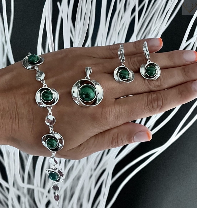 Komplet biżuterii srebrnej kwiaty z zielonymi kamieniami - Malachit srebro pr 925