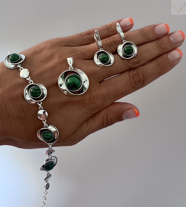 Komplet biżuterii srebrnej kwiaty z zielonymi kamieniami - Malachit srebro pr 925