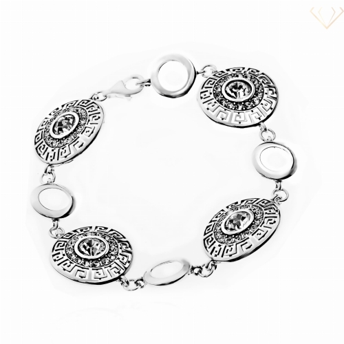 Srebrna bransoletka pr.925 okrągła z cyrkoniami oraz wzorem greckim